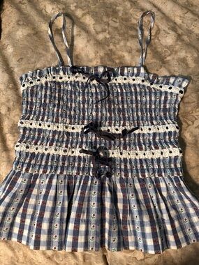 Damson Madder Blue Plaid Smocked Sundress with Floral Trim